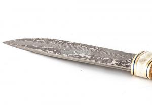 Нож Глухарь: сталь Ламинатный дамаск; рукоять стабилизированная кар. береза