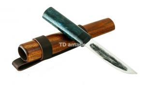 Якутский нож: сталь кованая Х12МФ рукоять кар. береза (синяя) ножны дерево